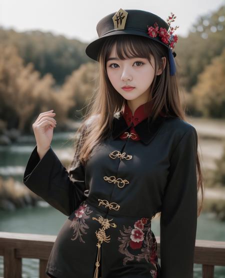 36293-1040639423-1girl, masterpiece, young, photo of a Hu Tao, simple background , 18 years, hat,  black jacket, long wide sleeves, looking at vi.png